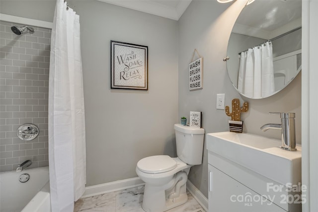 full bathroom with toilet, shower / tub combo, vanity, and crown molding