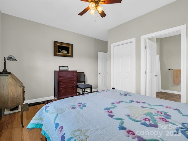 bedroom featuring ceiling fan and wood-type flooring