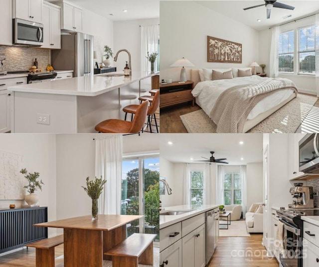 kitchen with white cabinets, appliances with stainless steel finishes, and a center island with sink