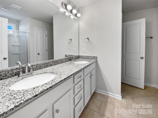 bathroom featuring tile patterned floors, vanity, and an enclosed shower