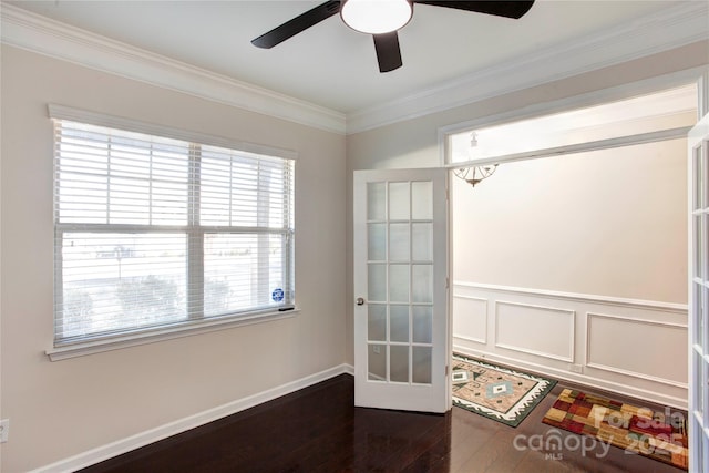 interior space with ceiling fan, ornamental molding, a wealth of natural light, and french doors