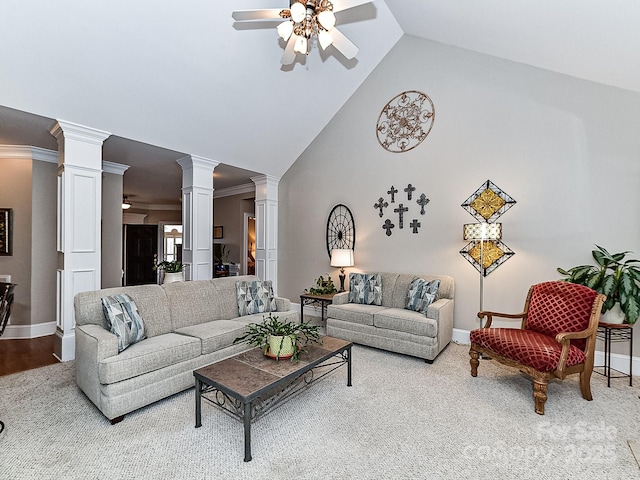 living room featuring decorative columns, high vaulted ceiling, ceiling fan, and ornamental molding