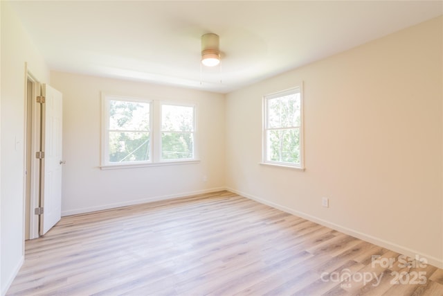 spare room featuring ceiling fan and light hardwood / wood-style flooring