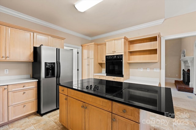 kitchen featuring black appliances, light brown cabinets, and ornamental molding