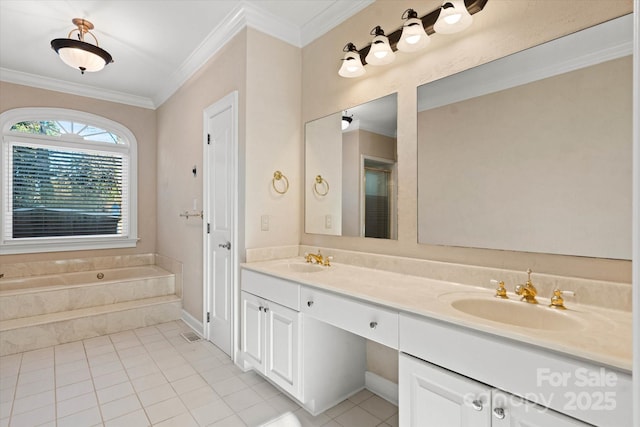 bathroom with vanity, tile patterned flooring, crown molding, and a relaxing tiled tub