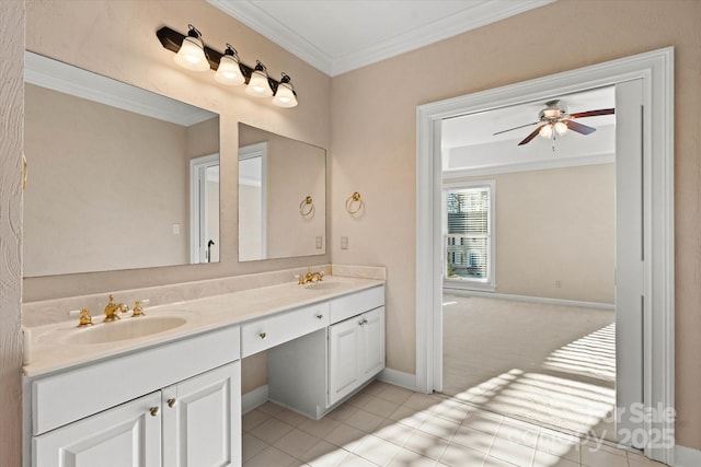 bathroom featuring ceiling fan, tile patterned flooring, crown molding, and vanity