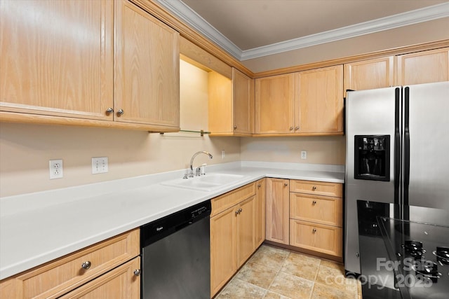 kitchen featuring light brown cabinets, sink, crown molding, and stainless steel appliances