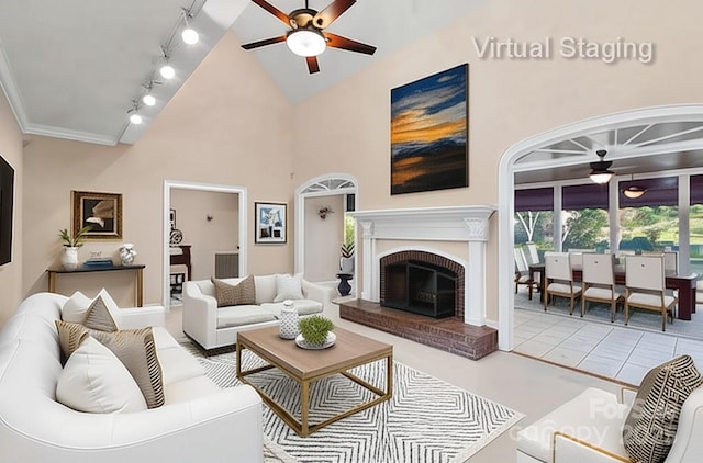 430 43rd Ave NW, Hickory, NC 28601 - living area featuring a ceiling fan, rail lighting, a fireplace, and high vaulted ceiling