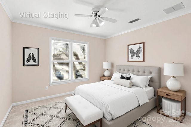 430 43rd Ave NW, Hickory, NC 28601 - bedroom with baseboards, light colored carpet, ornamental molding, and a ceiling fan