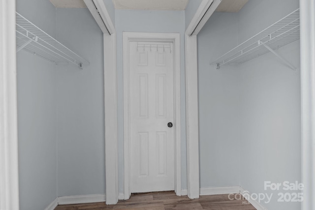 walk in closet with hardwood / wood-style floors