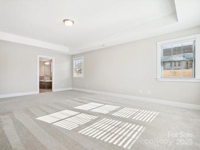 unfurnished room with light colored carpet and a tray ceiling