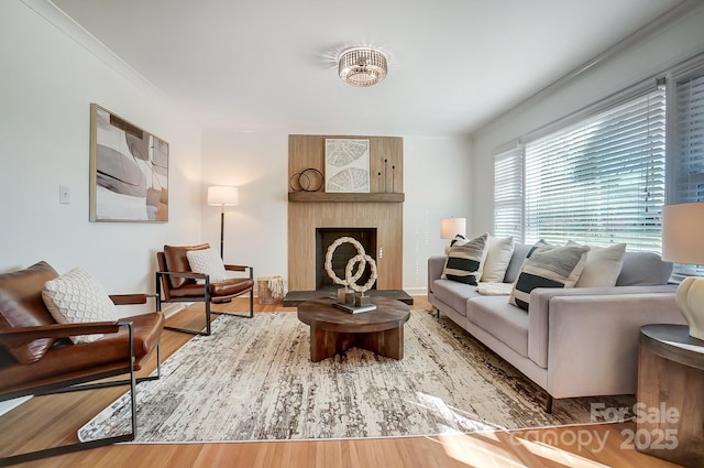 living room featuring hardwood / wood-style floors, crown molding, and a fireplace