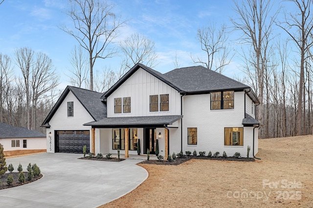 modern farmhouse with driveway, an attached garage, a porch, board and batten siding, and brick siding