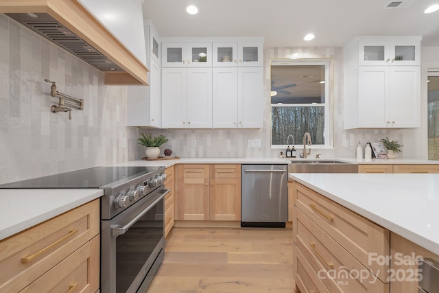 kitchen featuring custom exhaust hood, stainless steel appliances, tasteful backsplash, light countertops, and a sink