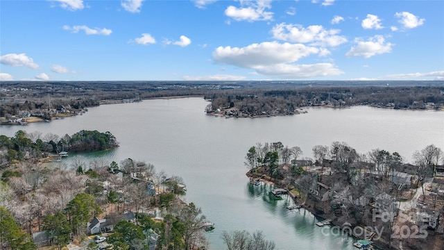 drone / aerial view featuring a water view