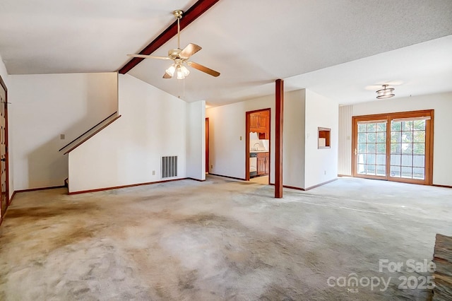 unfurnished living room with ceiling fan, sink, light colored carpet, and lofted ceiling with beams