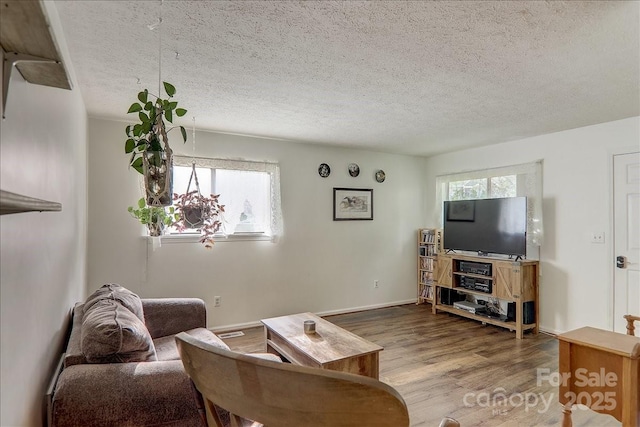 living room with wood-type flooring and a textured ceiling