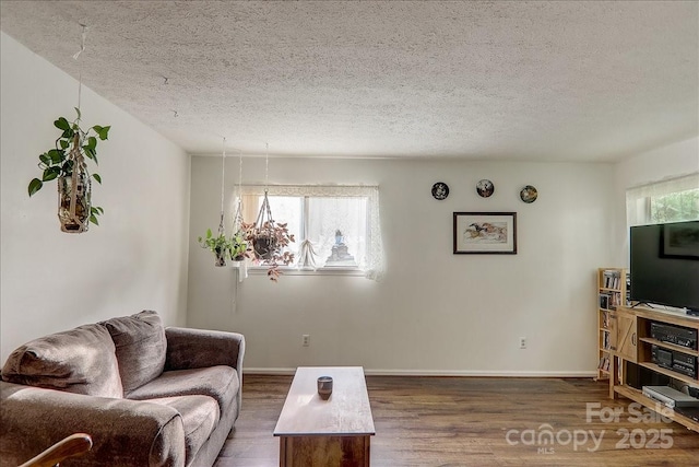 living room featuring hardwood / wood-style floors and a textured ceiling