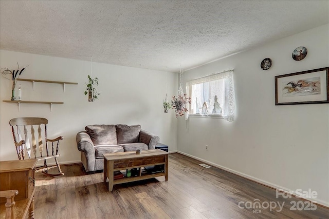 living area featuring dark hardwood / wood-style flooring and a textured ceiling