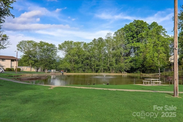 view of property's community with a water view and a yard