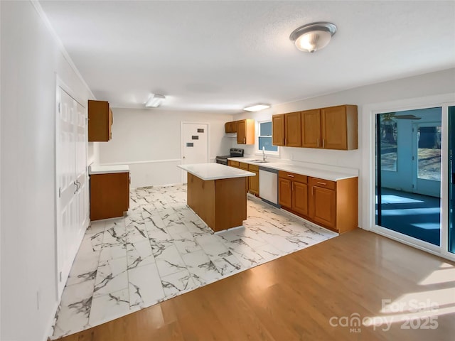 kitchen with a kitchen island, sink, stainless steel appliances, and light hardwood / wood-style flooring