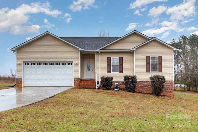 single story home featuring a front yard and a garage