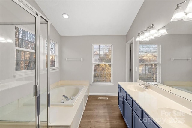 bathroom with a wealth of natural light, hardwood / wood-style floors, vanity, and plus walk in shower