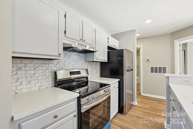 kitchen featuring tasteful backsplash, light hardwood / wood-style floors, stainless steel appliances, and white cabinetry