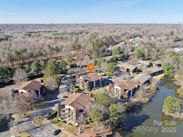 aerial view featuring a water view