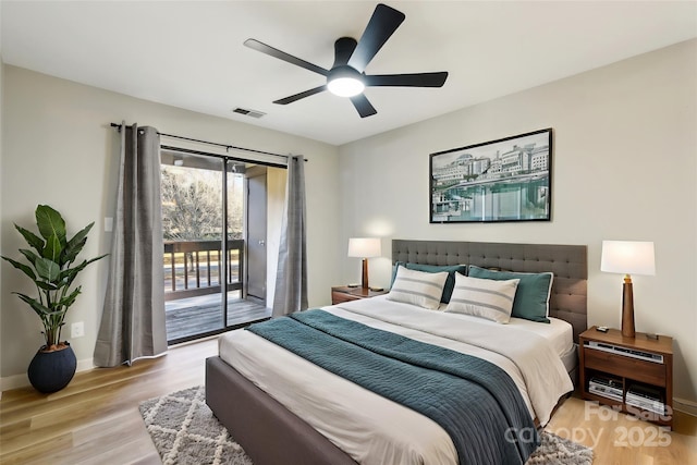 bedroom with ceiling fan, access to exterior, and light hardwood / wood-style floors