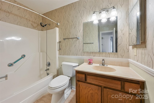 full bathroom featuring toilet, tile patterned floors, bathtub / shower combination, and vanity