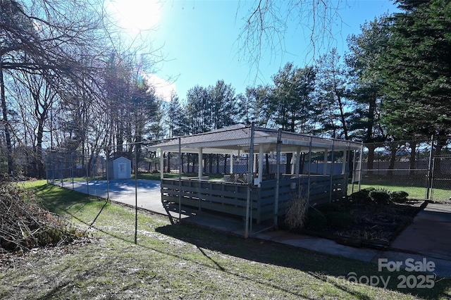 exterior space with a shed