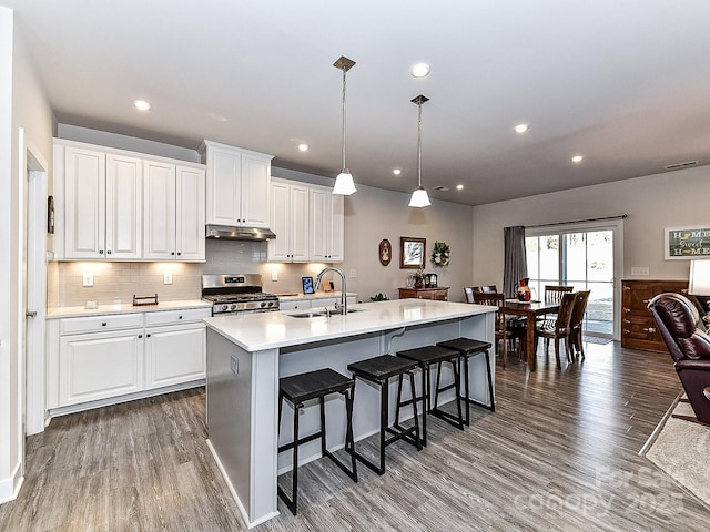 kitchen featuring white cabinets, a kitchen island with sink, stainless steel stove, pendant lighting, and sink