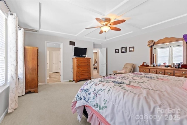 carpeted bedroom with ceiling fan