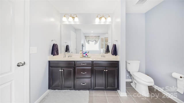 bathroom with tile patterned flooring, vanity, and toilet