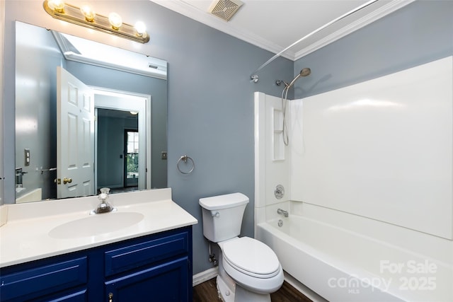 full bathroom with vanity, toilet, bathtub / shower combination, and ornamental molding