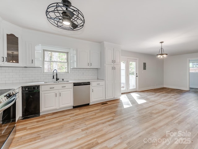 kitchen with appliances with stainless steel finishes, white cabinets, backsplash, and sink