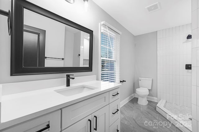 bathroom with vanity, toilet, and tiled shower