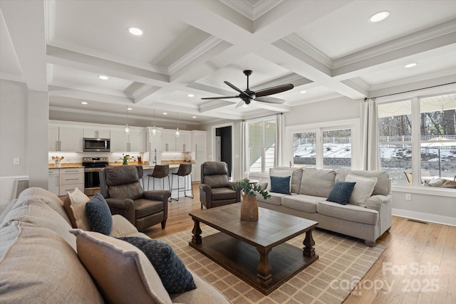 living room featuring beam ceiling, ceiling fan, coffered ceiling, and light hardwood / wood-style floors