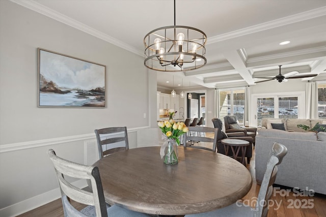 dining room with ceiling fan with notable chandelier, crown molding, beam ceiling, and coffered ceiling