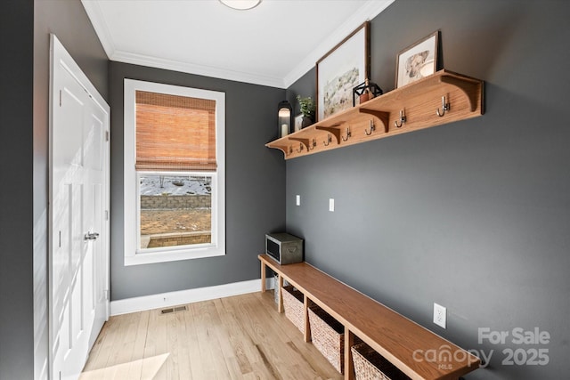 mudroom featuring ornamental molding and light hardwood / wood-style flooring