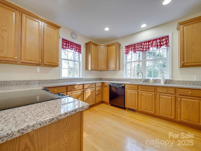 kitchen with dishwasher, light wood-type flooring, light stone countertops, and sink