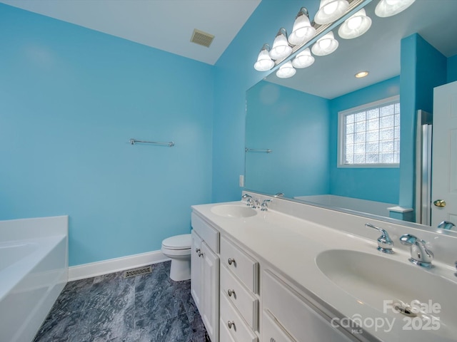 bathroom featuring vanity, toilet, and a bathing tub