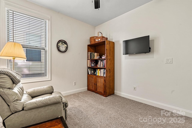 living area featuring a ceiling fan, baseboards, and carpet floors