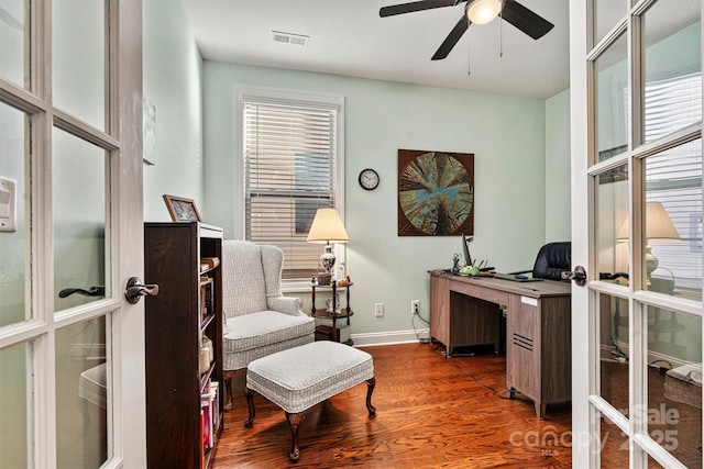 office area featuring ceiling fan, french doors, and hardwood / wood-style floors