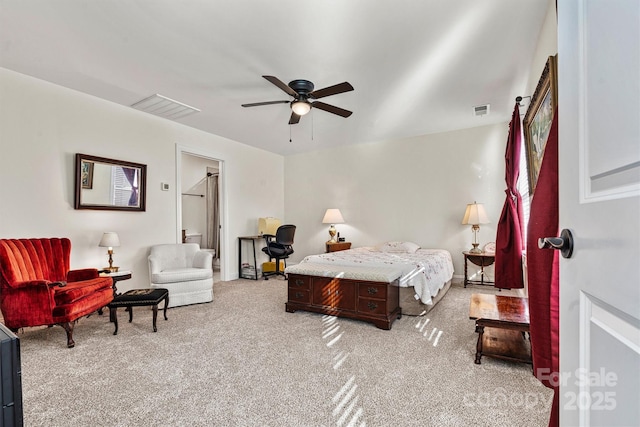 bedroom with a ceiling fan, visible vents, and carpet floors