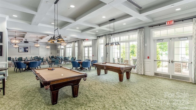 rec room with carpet flooring, beamed ceiling, billiards, and a decorative wall