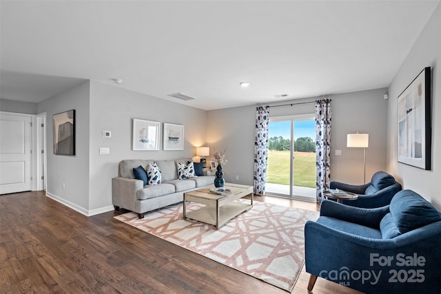 living room with dark wood-type flooring