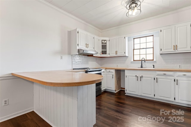 kitchen with electric range, sink, tasteful backsplash, kitchen peninsula, and white cabinets