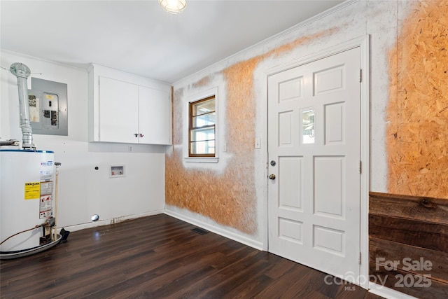 laundry room with cabinets, washer hookup, water heater, dark hardwood / wood-style floors, and crown molding